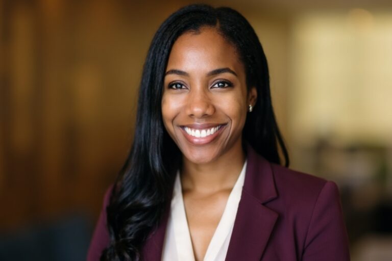 Portrait of Jasmine Adjei, licensed psychotherapist serving individuals and couples in Maryland, Washington DC, and Virginia. Jasmine is an African American woman with Black hair wearing a burgundy blazer and white blouse. She has a warm smile and warm colored background.
